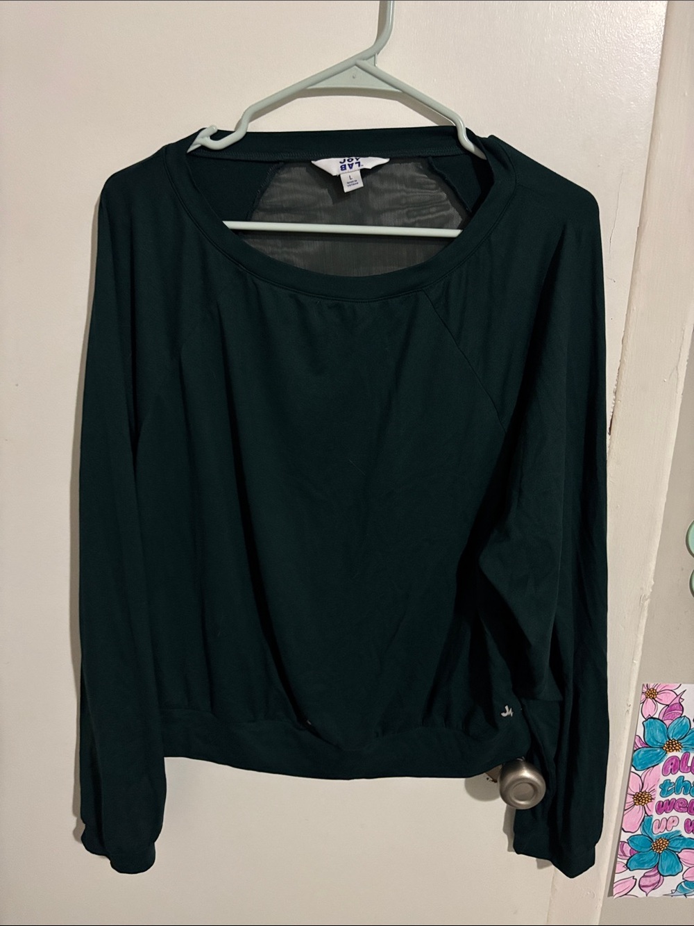 Women's L JoyLab Sheer Back Long Sleeve Dark Green - Polyester Blend